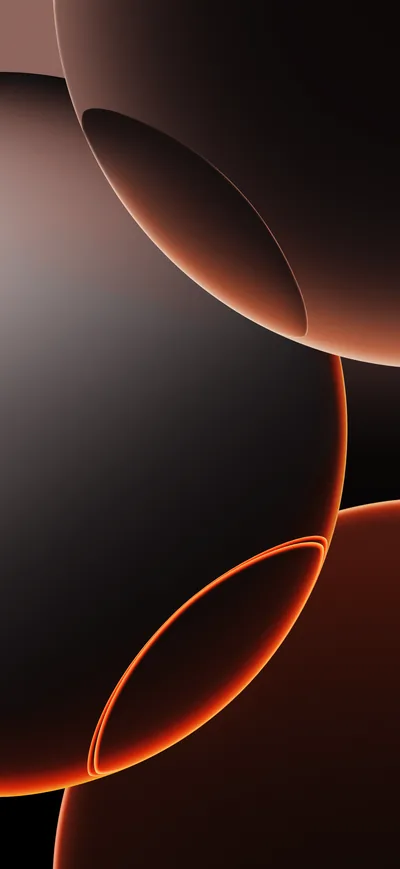 Dark matte spheres overlap on black with thin orange light tracing their rims, most of the frame staying near-black so an OLED screen barely lights up.