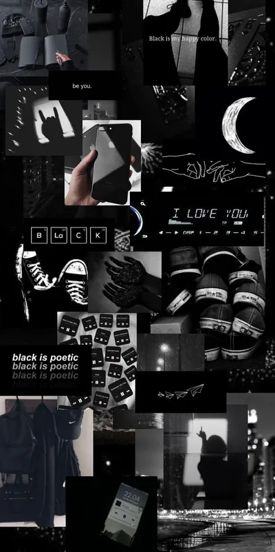 Dozens of small monochrome photos - sneakers, hands, a moon sketch, torn text - tiled edge to edge, with 'black is poetic' printed near the lower left.