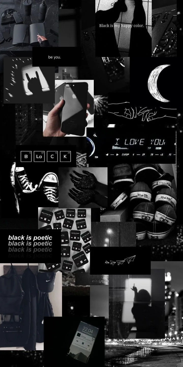 A grid of black and white snapshots, sneakers and handwritten notes packed together with a crescent moon near the top.