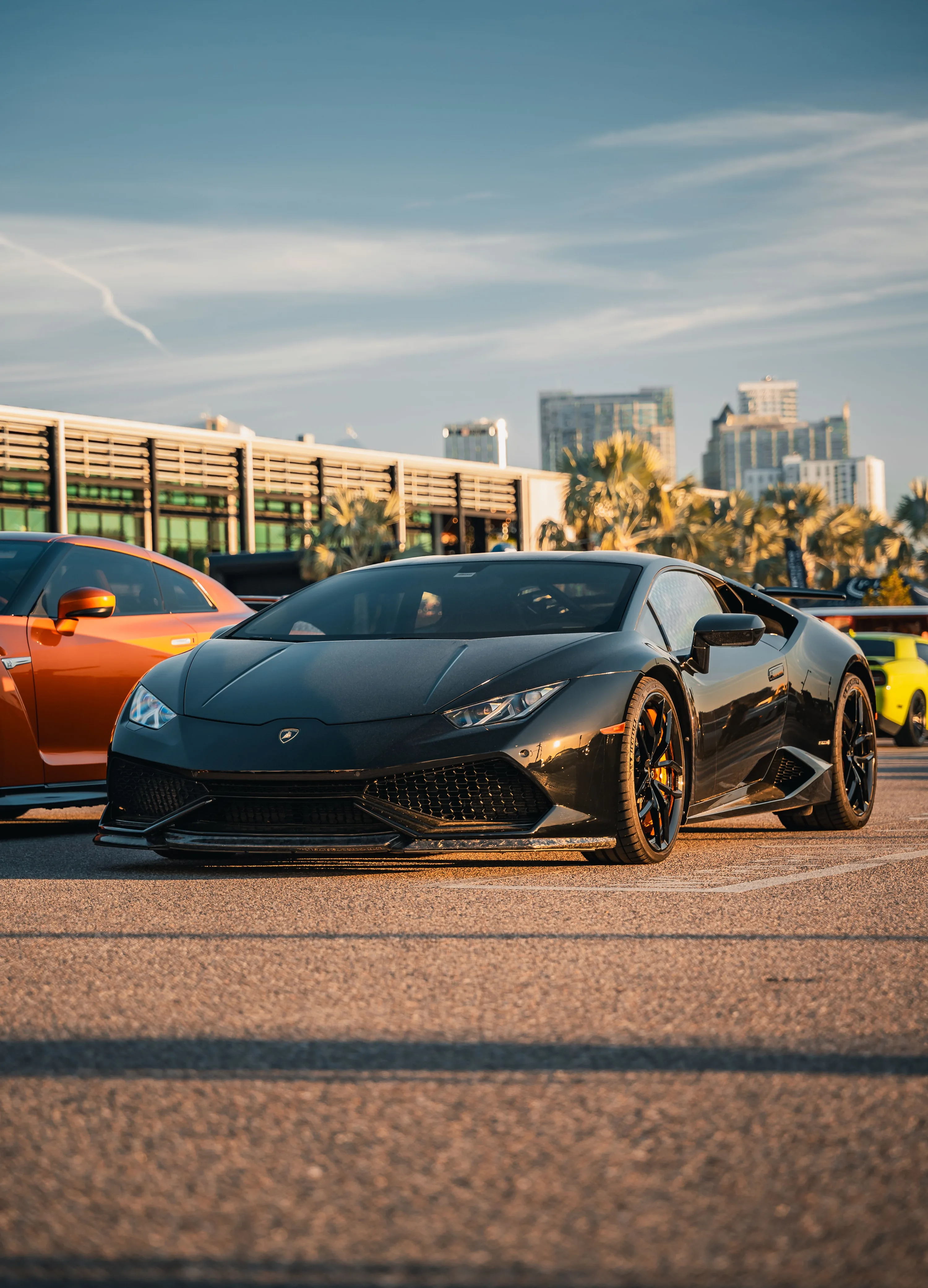 Vertical shot across a car meet, the matte Lamborghini nose-on in the middle with an orange car at its flank and a city skyline behind the trees.