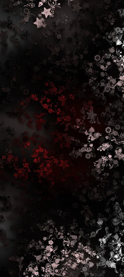 Clusters of pale blossoms spread across a grunge black ground, brightest along the left edge, with dim red flowers showing through the haze toward the middle.