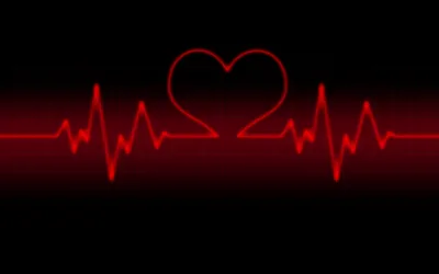 A red ECG trace runs left to right across black and loops into a heart at the middle, the glow bleeding softly into the surrounding dark.