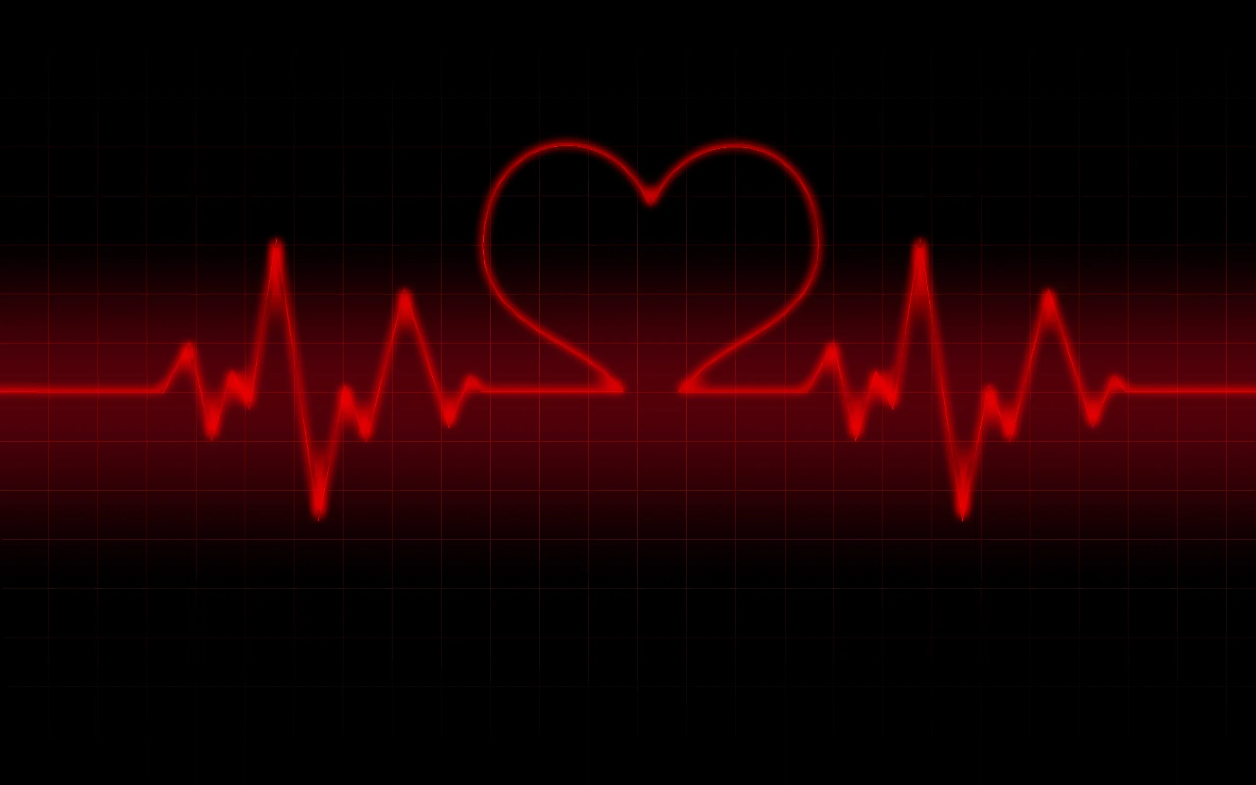 A red ECG trace runs left to right across black and loops into a heart at the middle, the glow bleeding softly into the surrounding dark.