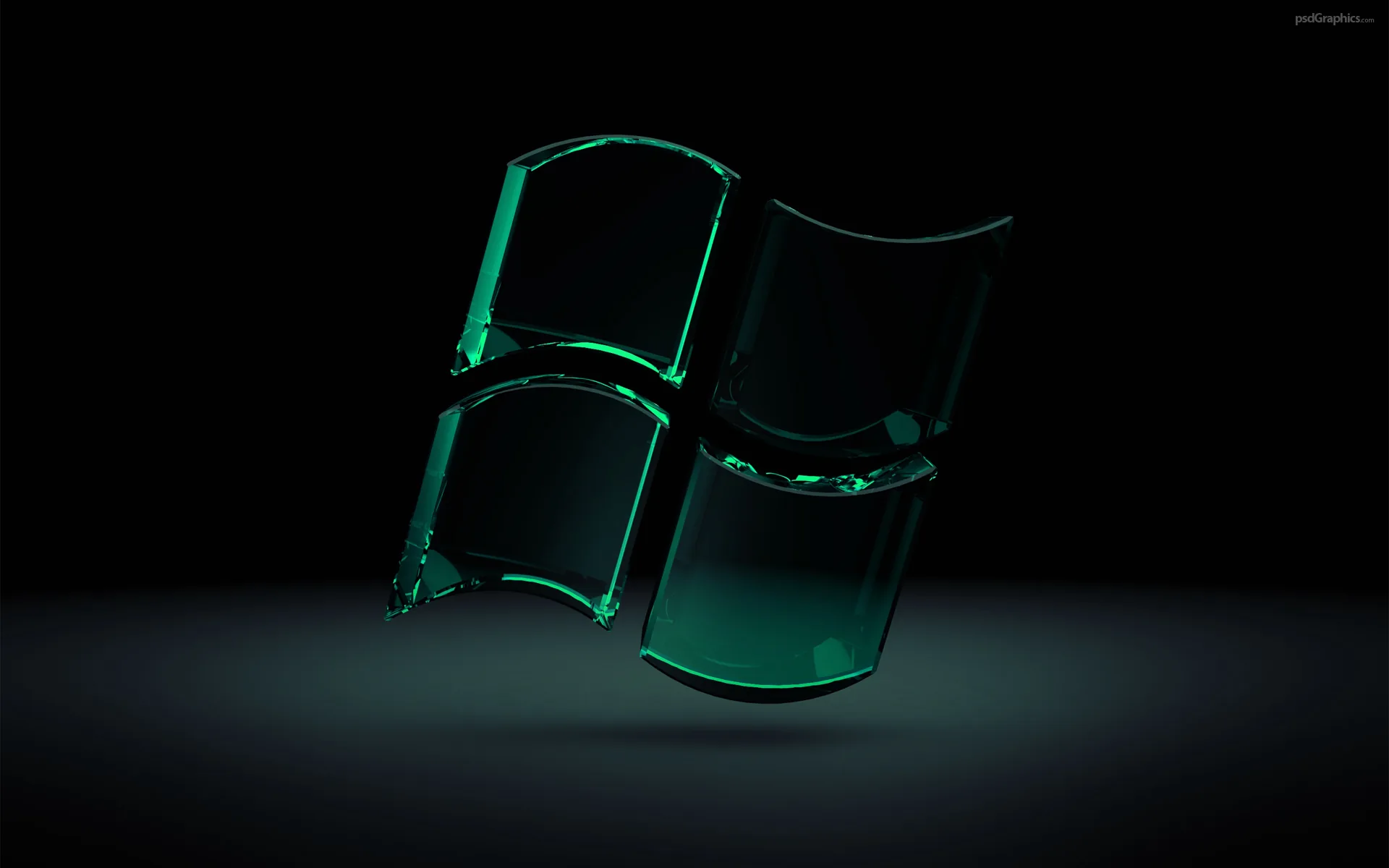 The waving four-pane emblem modelled in thick translucent green glass, its edges lit from behind and reflected on a dark grey floor.