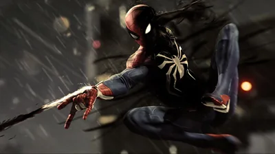 Spider-Man swings low across the frame with a web line taut in one fist, brick dust and shattered concrete blurring past behind him.
