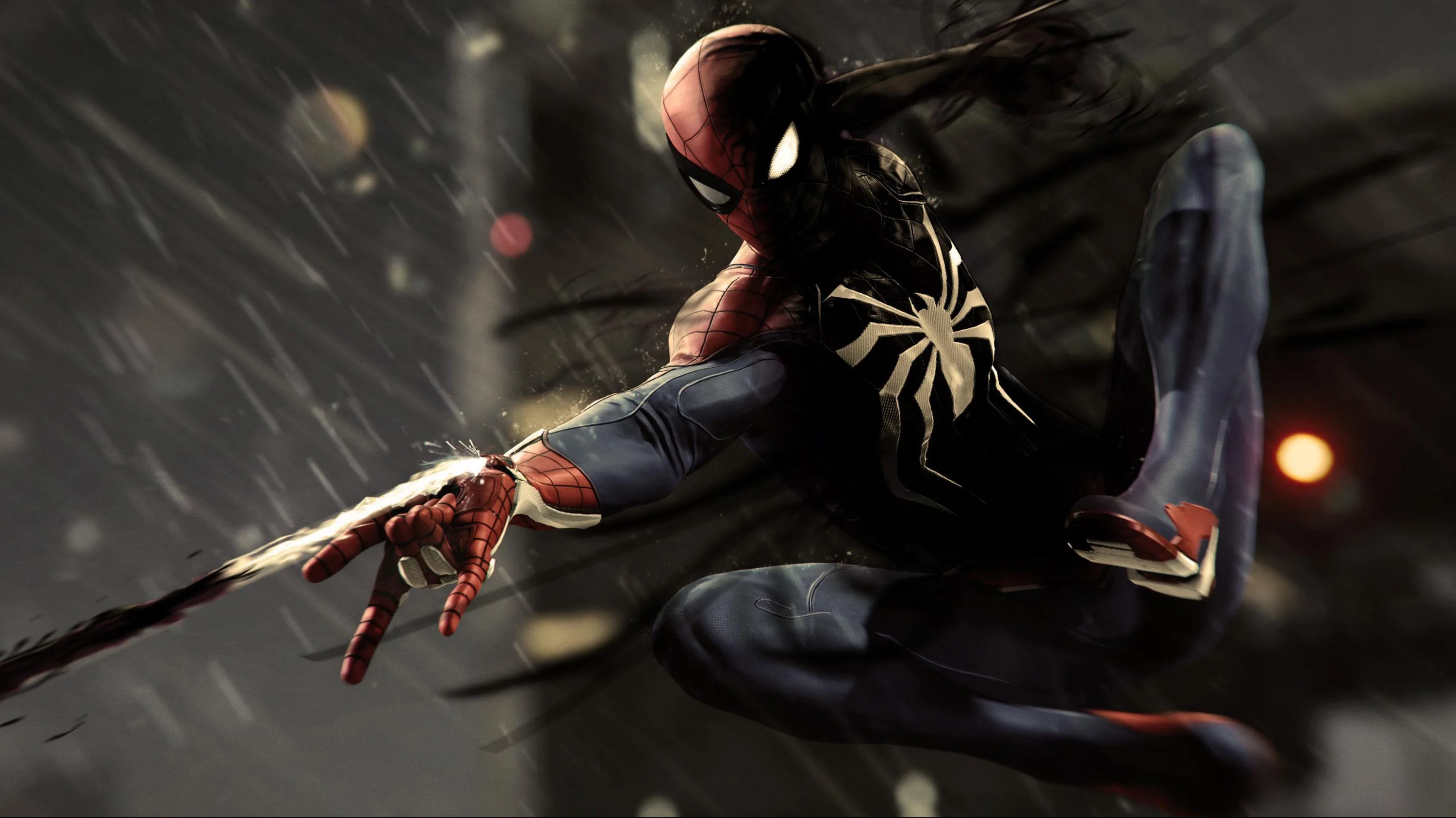 Spider-Man swings low across the frame with a web line taut in one fist, brick dust and shattered concrete blurring past behind him.
