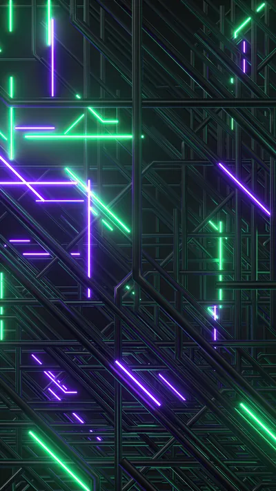 Green and purple light tubes run diagonally across layers of dark etched circuitry, busy at every scale so any phone crop still works.