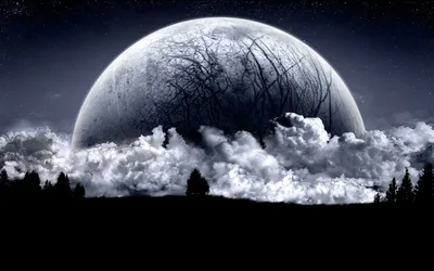 A planet-sized moon veined with branching shadows looms over brightly lit cloud banks, small pines fringing the bottom in silver-blue tones.