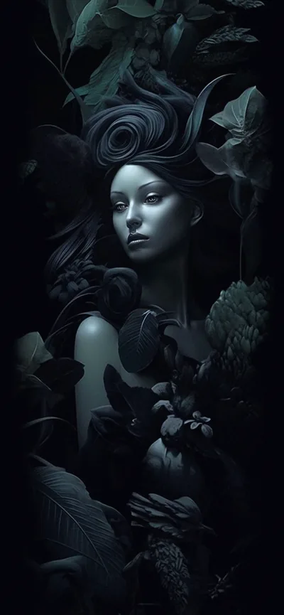 A pale woman with sculpted black hair looks past the camera, surrounded by deep green leaves and dark petals that fade into the frame edges.