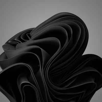 Thick black sheets coil into a dense rosette against a soft grey gradient, every fold catching a faint edge of light.