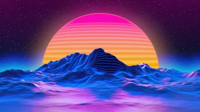 A striped pink-and-orange sun rises behind a blue wireframe peak, water rippling in front — classic retrowave in saturated purples.