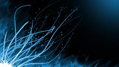 Thin fibre-optic strands fan out of the bottom left corner, sparks drifting between them while the right half stays close to pure black.