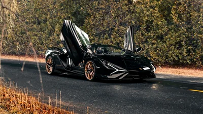 Both scissor doors stand open on a black Sian parked on a country road, bronze wheels picking up the low autumn light.