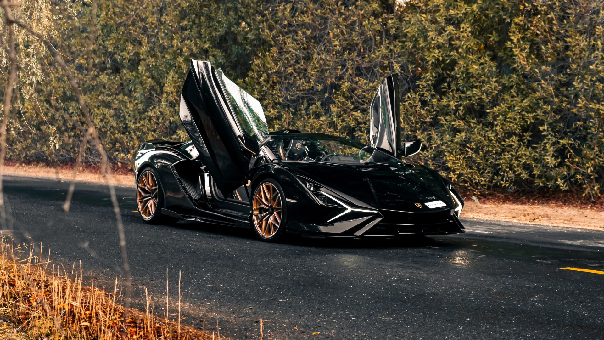 Both scissor doors stand open on a black Sian parked on a country road, bronze wheels picking up the low autumn light.