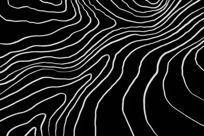 Thin white lines ripple across solid black like sand dunes seen from above, bunching tightly on the right and opening into wider gaps at the left edge.