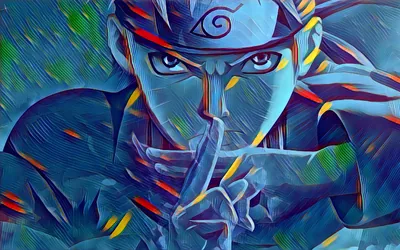 A leaf ninja raises one finger to his lips, built from overlapping blue-green mosaic strokes flecked with red that streak diagonally across the whole frame.