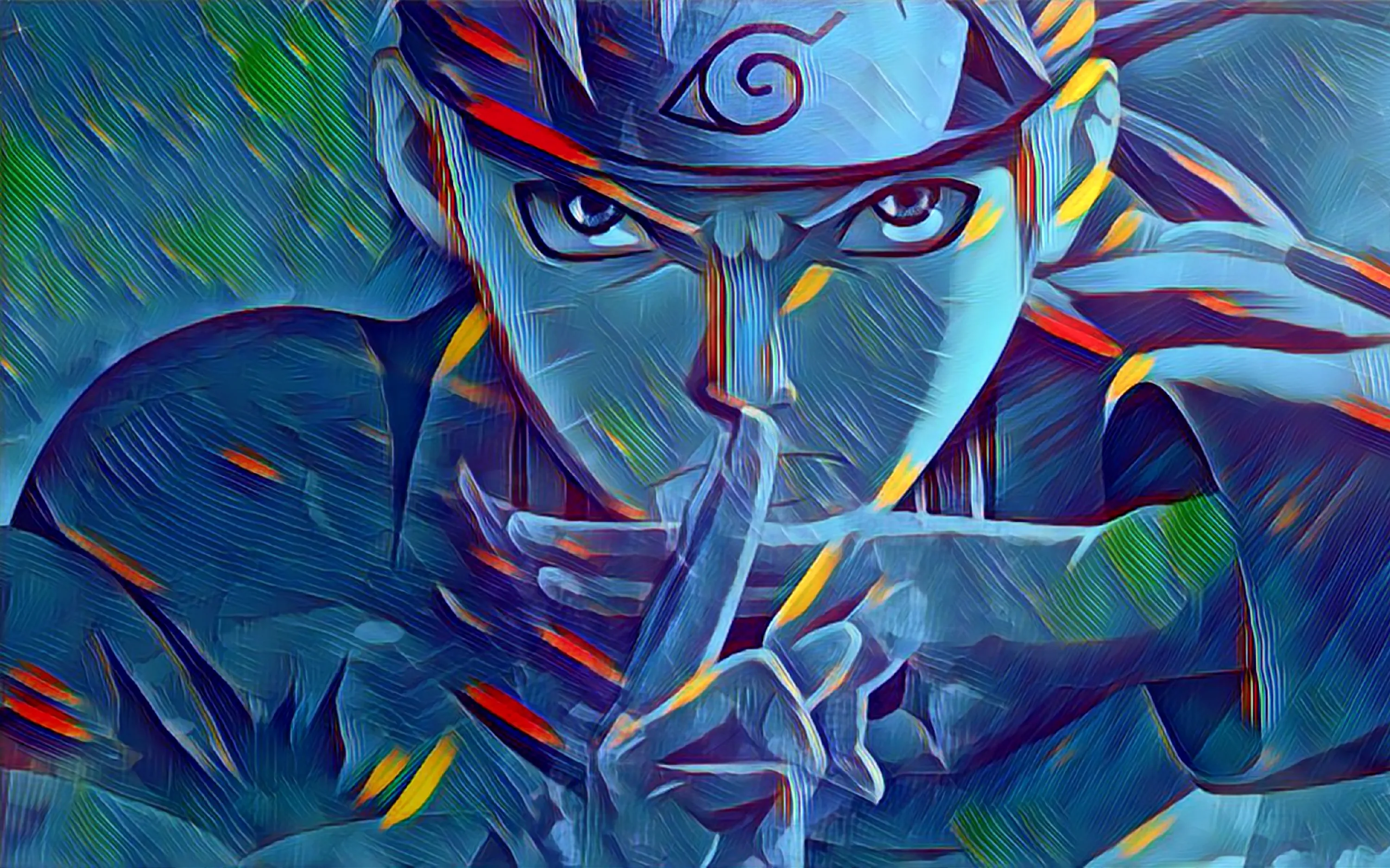 A leaf ninja raises one finger to his lips, built from overlapping blue-green mosaic strokes flecked with red that streak diagonally across the whole frame.