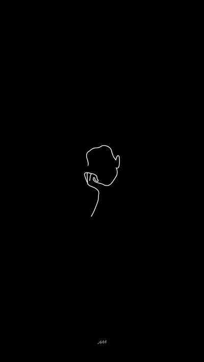 A single white outline sketches a figure raising one finger to their lips, floating in an otherwise empty black frame.