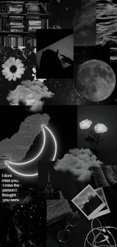 A full moon, white roses, clouds and a neon crescent are stacked in uneven tiles, with a handwritten line tucked into the lower left.