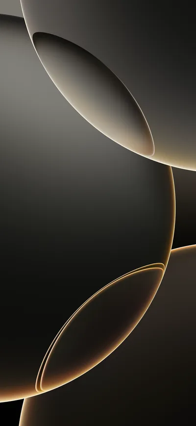 Overlapping dark spheres press together, each contact edge traced by a thin warm gold line — an abstract made for the iPhone 16 Pro look.