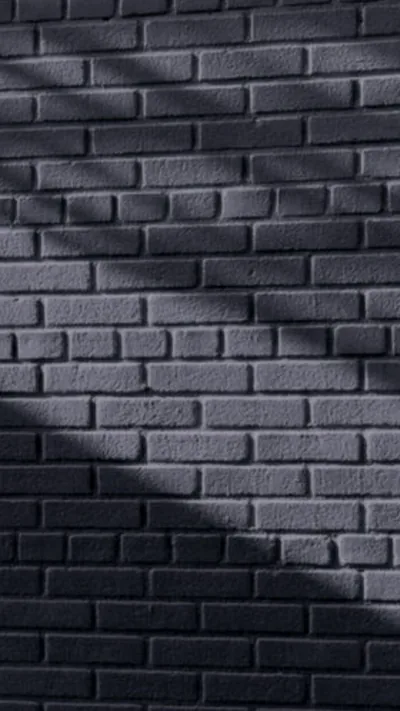 A hard diagonal shadow cuts down a grey-blue brick wall, the lit half above showing every joint and the shaded half sinking to near black.