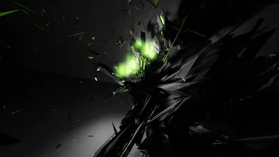 Dark fragments blow apart around a green core, small shards trailing off to the upper right.
