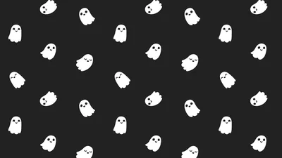 Rows of small sheet ghosts tilt left and right across a very dark grey ground — close to black but not the true OLED shade.