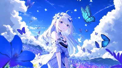 A white-haired girl in a flower crown looks back across a blossom field, blue butterflies scattered through cumulus clouds that keep the upper corners bright.
