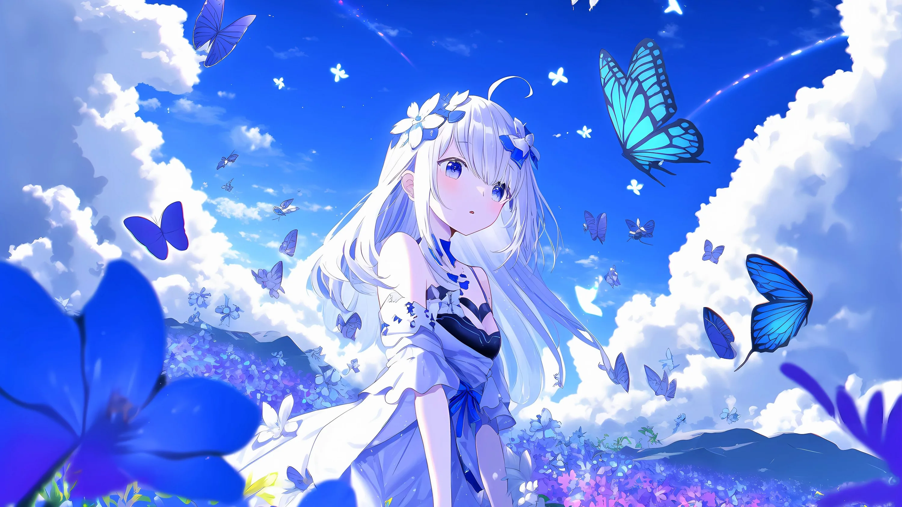 A white-haired girl in a flower crown looks back across a blossom field, blue butterflies scattered through cumulus clouds that keep the upper corners bright.