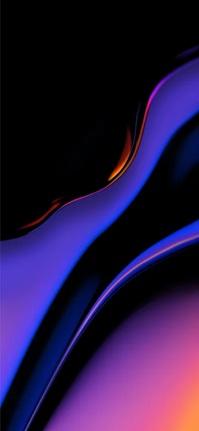 Glossy waves of violet and blue fold across the frame with thin orange rims where the light catches, a black gap running through the middle.
