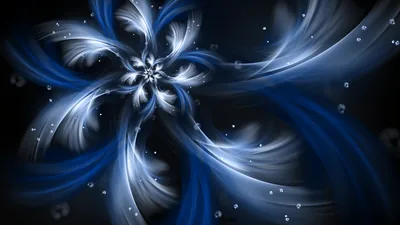 A fractal bloom of blue and white petals spirals out from a bright core, small bubbles drifting through the dark around it.