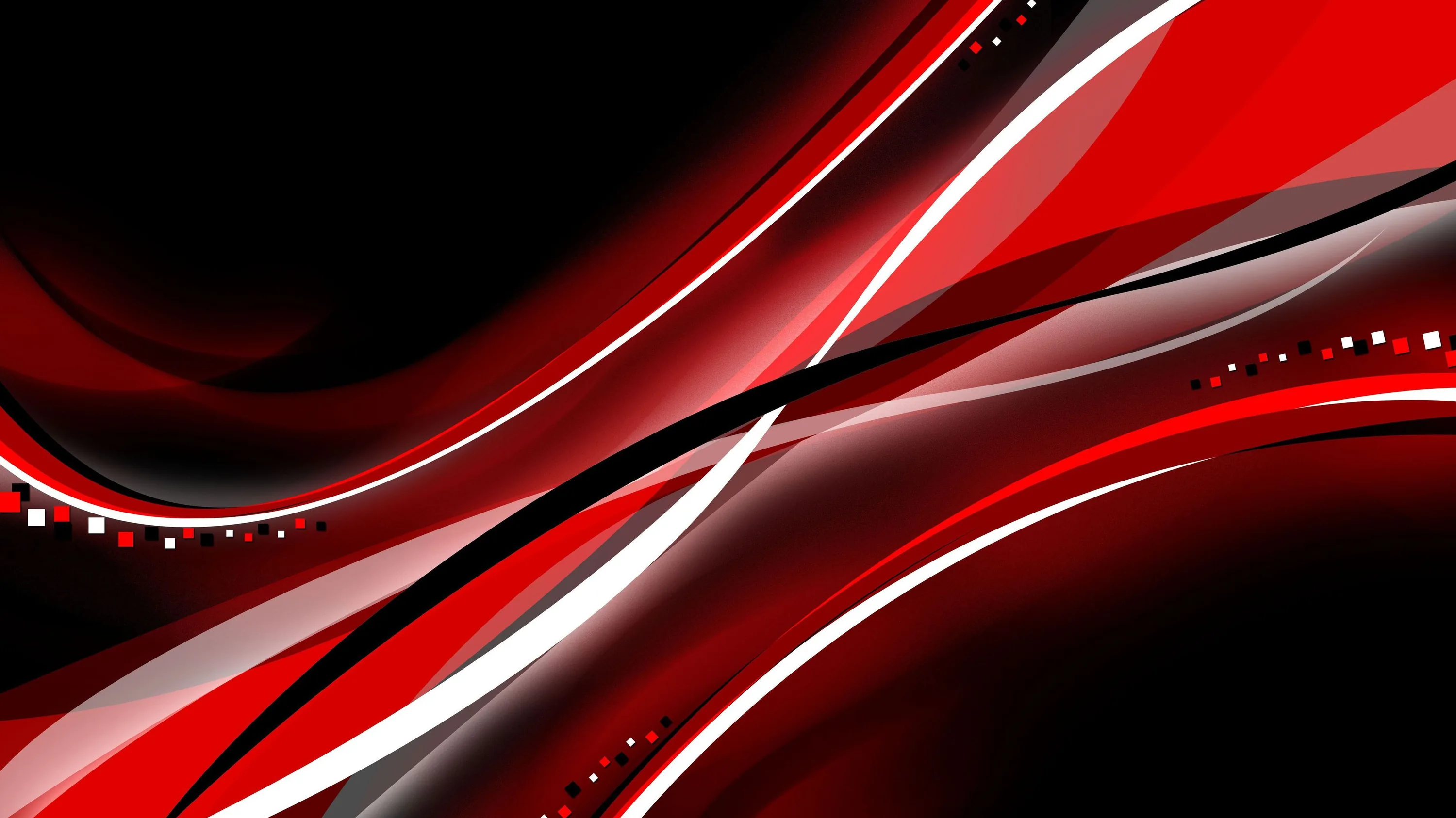 Broad red bands cross the frame with white and black streaks riding along their crests, small square glints scattered where the curves overlap.