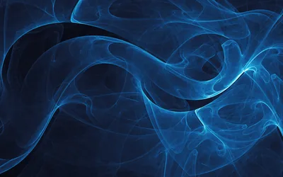 Fractal ribbons of blue smoke fold over each other across a near-black field, the brightest filaments running through the middle band.