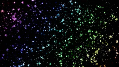 Clusters of tiny four-point stars shifting from violet at the top-left through green to gold on the right, the lower-left corner left mostly black.