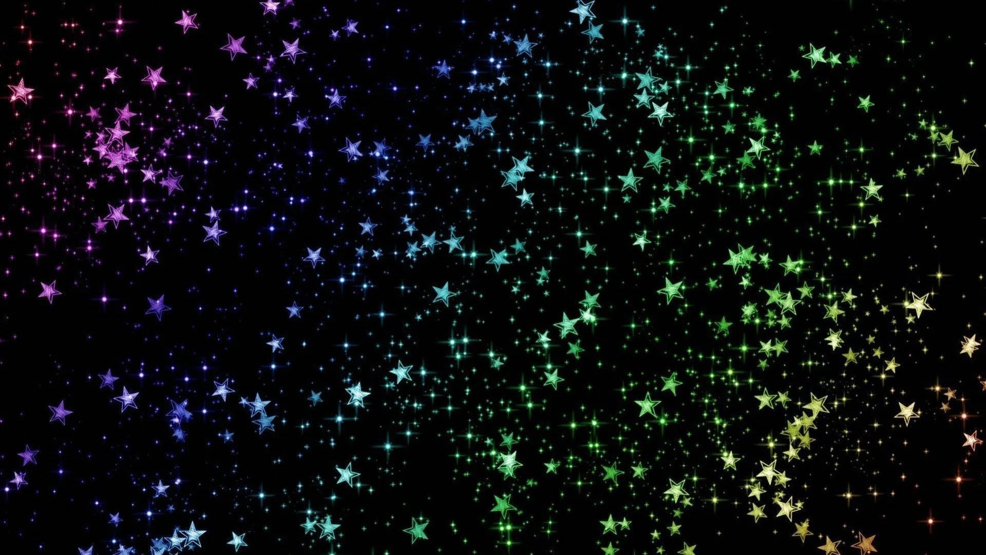 Clusters of tiny four-point stars shifting from violet at the top-left through green to gold on the right, the lower-left corner left mostly black.