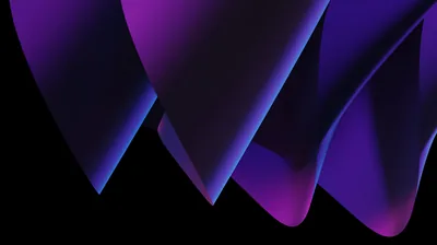 Wide curved sheets sweep down from the top, shifting from violet to magenta along each fold before meeting flat black at the bottom.