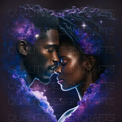 A man and a woman press their foreheads together in profile, their outlines dissolving into violet and blue nebula cloud scattered with tiny stars.