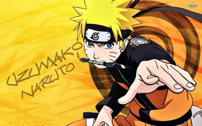Naruto stretches one hand toward the viewer in sharp foreshortening, a wide orange spiral filling the background with his name lettered on the left.