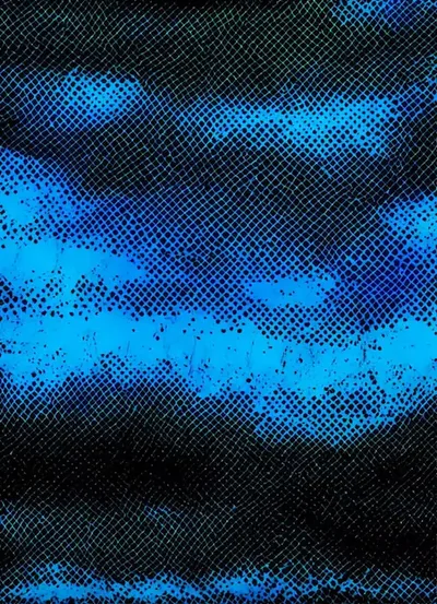Streaks of bright azure tear horizontally through a black cross-hatch mesh, the widest band burning just below centre while the top edge stays nearly solid black.