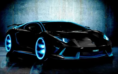 Cyan light rings run through the wheels and body creases of a black Aventador shot against a scuffed concrete wall.