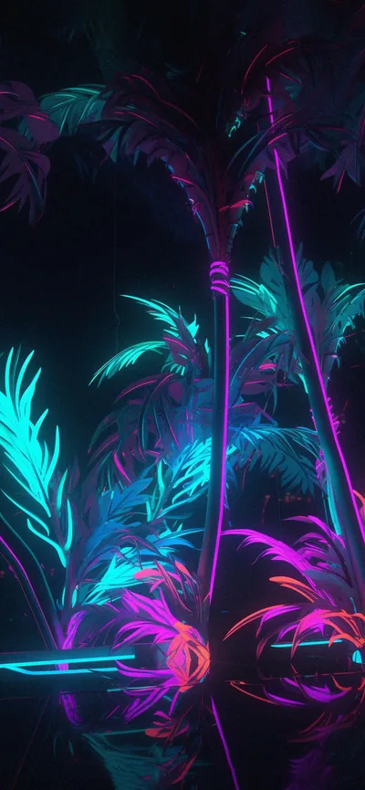 Palm leaves painted in electric teal and magenta crowd a black jungle backdrop, one lit trunk running the full height of the frame.