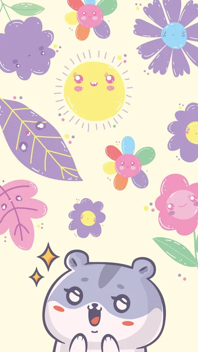 An excited hamster throws up its paws at the bottom edge while purple daisies, leaves and a smiling sun float on cream above, mid frame left mostly open.