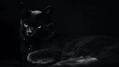 A monochrome frame where a cat rests with one paw forward, its eyes and the ridge of its shoulders barely lifted out of near-black grey.