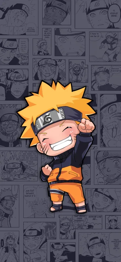 A chibi Naruto grins and pumps his fist over a collage of greyscale manga panels — the muted background lets home-screen icons stay readable.