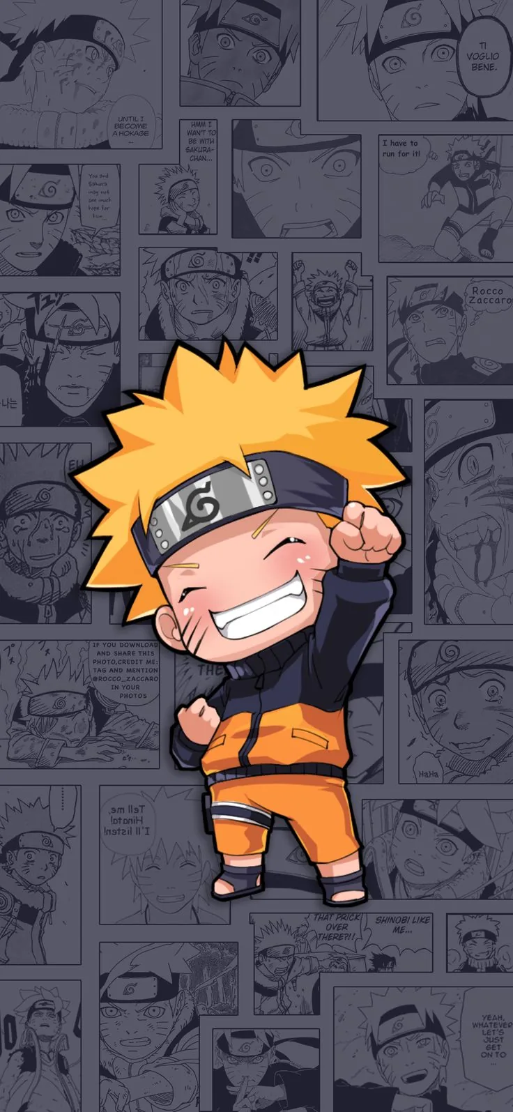 A chibi Naruto grins and pumps his fist over a collage of greyscale manga panels — the muted background lets home-screen icons stay readable.