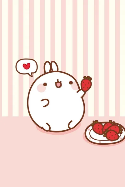 Molang waves a strawberry beside a full plate of them on candy striped pink, the flat rose floor across the lower half giving dark icons a plain ground.