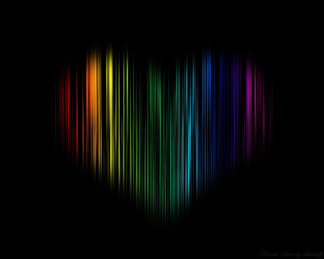 Thin vertical bars of red, green and violet light fan out into the shape of a heart, fading to black at every edge.