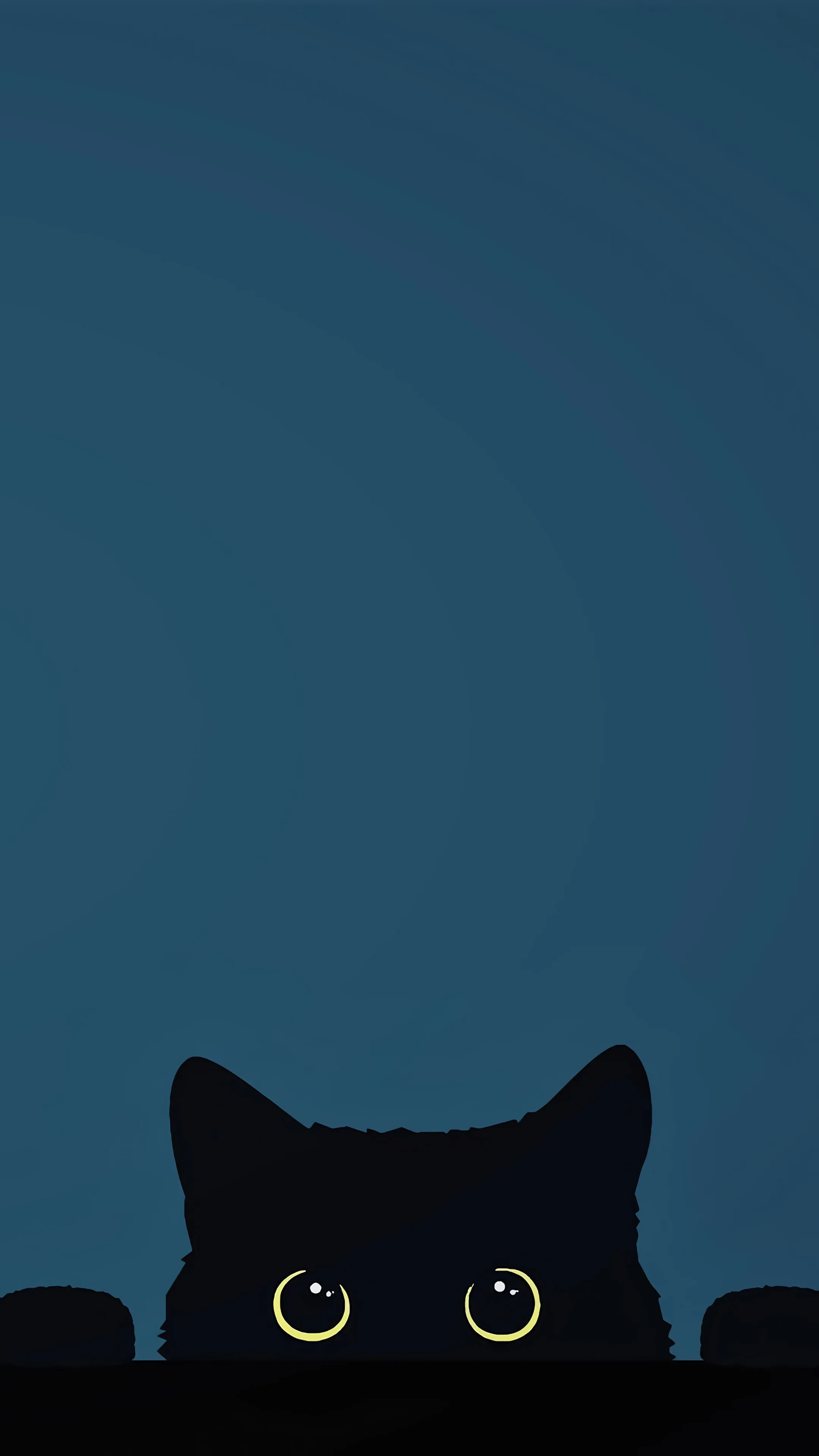 Two round yellow eyes and a pair of ears rise over a dark ledge at the bottom, leaving the whole teal-blue field above empty for icons.