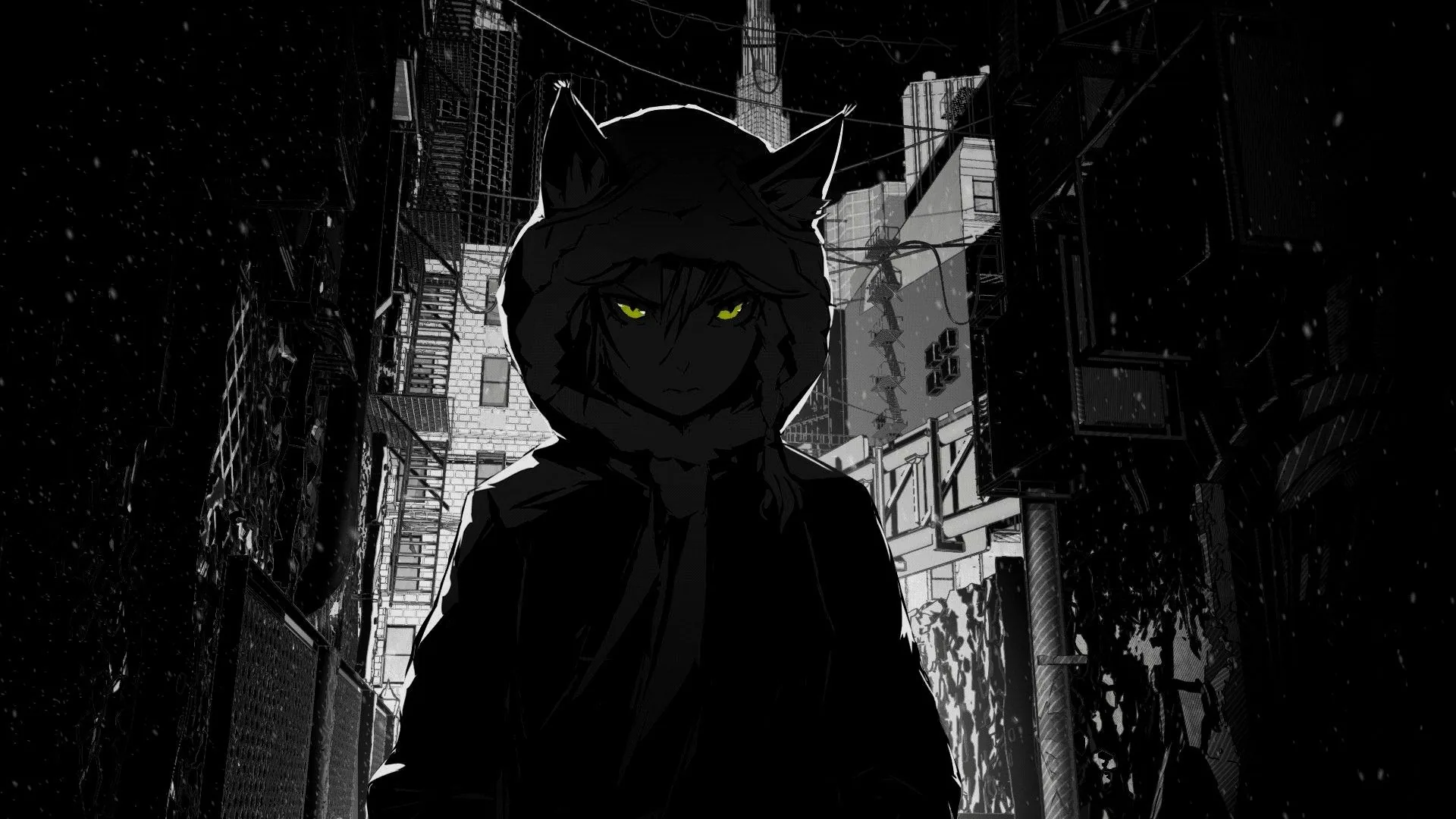 Yellow eyes glow from under a hood with cat ears, snow drifting through a monochrome street of tall buildings that fade to black at the edges.