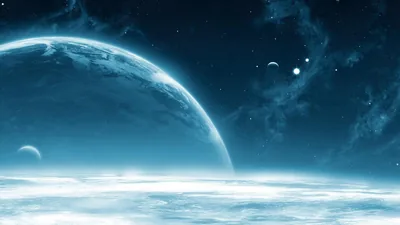 A huge half-lit planet rises through haze above a frozen plain, smaller moons dotting the upper right — the whole scene kept in white and pale blue.